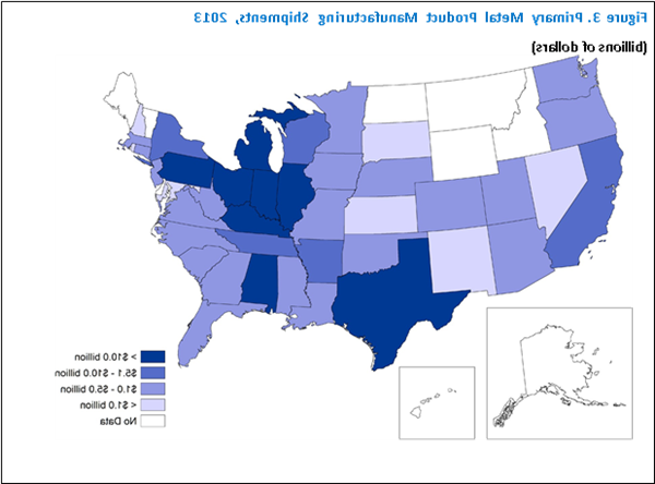 Census Bureau’s US map showing states heavily engaged in primary metal manufacturing